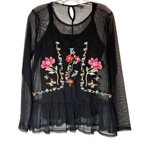 HANNAH Black Mesh Embroidered Floral Butterfly Peplum Top Size Small Goth Sheer